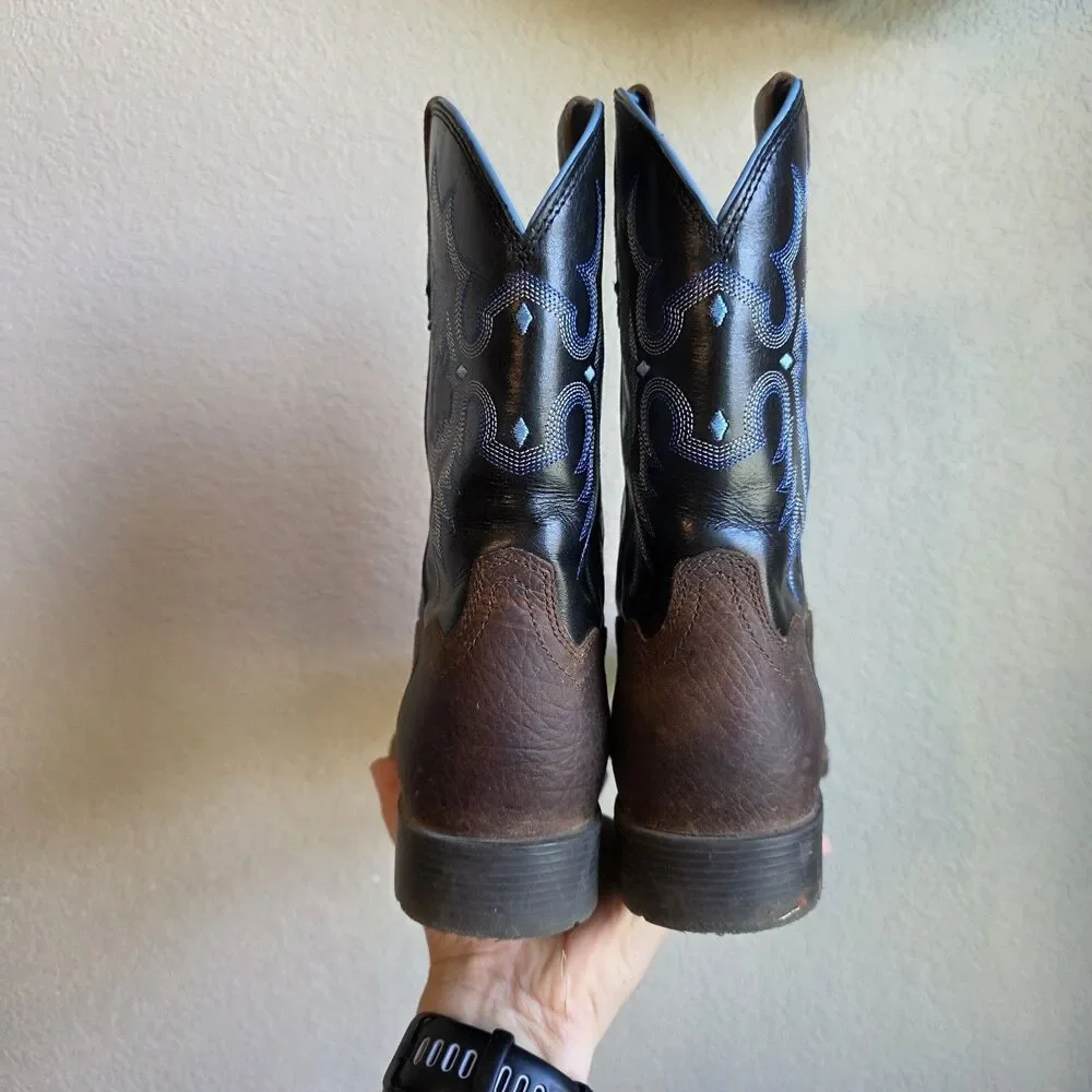 Ariat Big Kids Tombstone Cowboy Boots Square Toe Brown Blue Youth Size 6